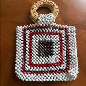 Ulla Johnson White, Red & Brown Beaded Mini Tote with Rattan Handles